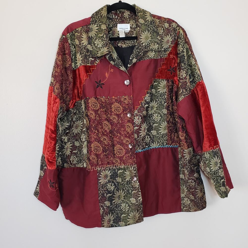 Vintage Boho NWOT TOTO n KO Mixed Media & Print Jacket Velvet Rayon Silk Size 2x - Picture 4 of 10